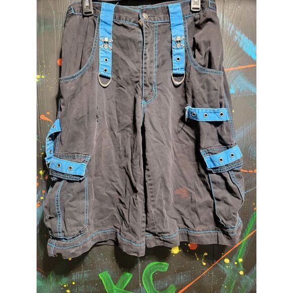 Tripp NYC Mens Shorts M Black Blue Chains Goth Zip Off Goth Punk Cargo Bondage - Picture 1 of 9